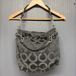 Coach Black Purse Signature Brook Op Art Hobo Bag With Silver Chain Straps